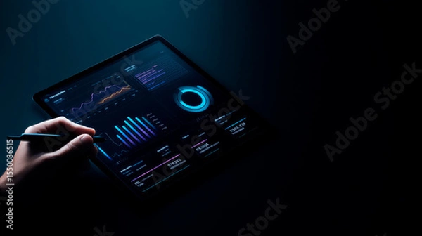 Fototapeta Dark SaaS dashboard UI on left, with hand and stylus interacting. Right side left blank for text. Clean, glowing interface for B2B business or product promo.