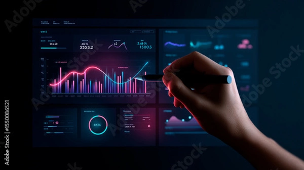 Fototapeta Dark SaaS dashboard UI on left, with hand and stylus interacting. Right side left blank for text. Clean, glowing interface for B2B business or product promo.