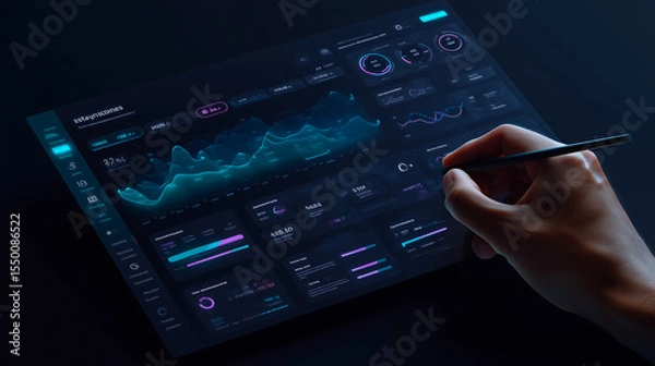 Fototapeta Dark SaaS dashboard UI on left, with hand and stylus interacting. Right side left blank for text. Clean, glowing interface for B2B business or product promo.