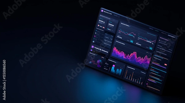 Fototapeta Dark SaaS dashboard UI on left, with hand and stylus interacting. Right side left blank for text. Clean, glowing interface for B2B business or product promo.