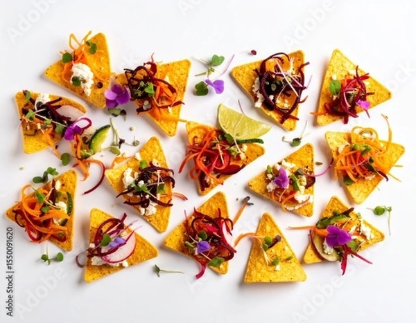 Fototapeta Rich tortilla chips composition with vegetables and fruit on pure white background