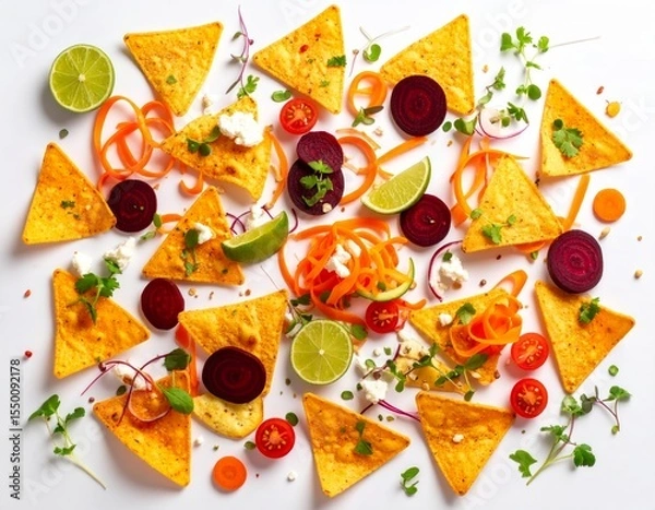 Obraz Rich tortilla chips composition with vegetables and fruit on pure white background