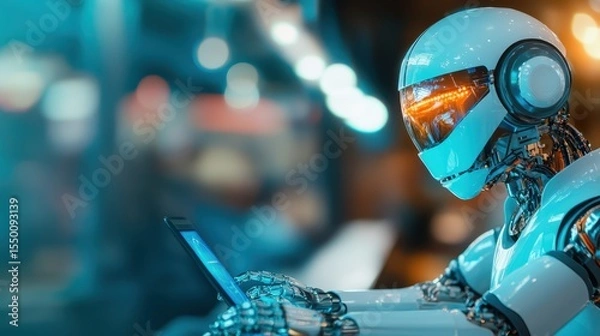 Fototapeta This image features a sleek robot focusing intently on a smartphone, blending elements of technology and human-like interaction in a vibrant, futuristic setting.