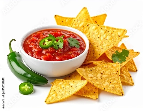 Obraz Bowl of salsa with crunchy tortilla chips and jalapeno peppers