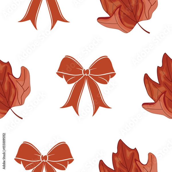 Obraz Elegant seamless pattern with traditional maple leaves and ribbon bows in Canadian red, for a variety of designs
