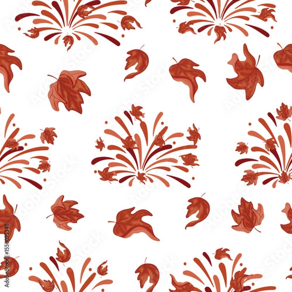 Obraz pattern of fireworks in different shades of orange with different maple leaves of different shapes and colors and the leaves themselves from under the tree, for Canada Day