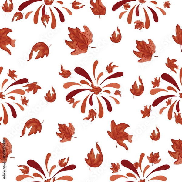 Obraz Pattern with fireworks in different shades of orange with different maple leaves and the leaves themselves from under the tree, for Canada Day