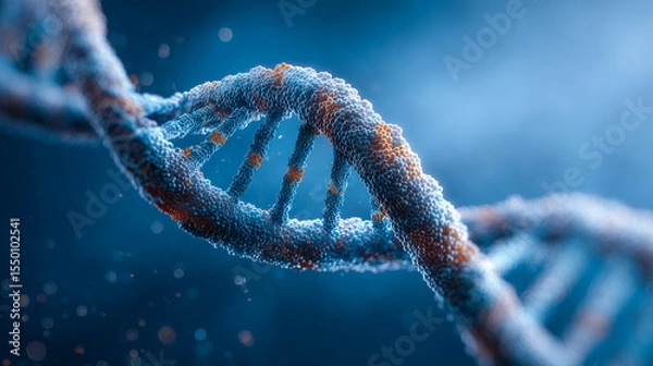 Fototapeta Colorful DNA double helix structure with intricate details and glowing particles in a dark background