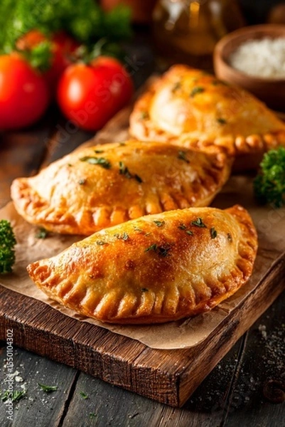 Fototapeta Three golden-brown empanadas filled with savory ingredients rest on a rustic wooden board surrounded by fresh tomatoes and herbs