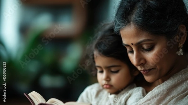Fototapeta A warm scene capturing a grandmother reading a book to her grandchild, showcasing love, connection, and the joy of storytelling in a cozy, nurturing environment.