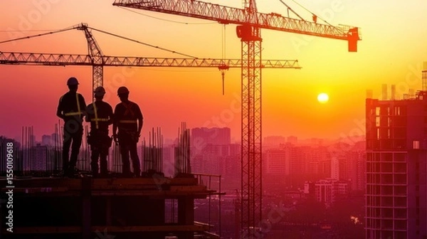 Fototapeta Construction workers oversee a building site at sunset with cranes silhouetted against the colorful sky