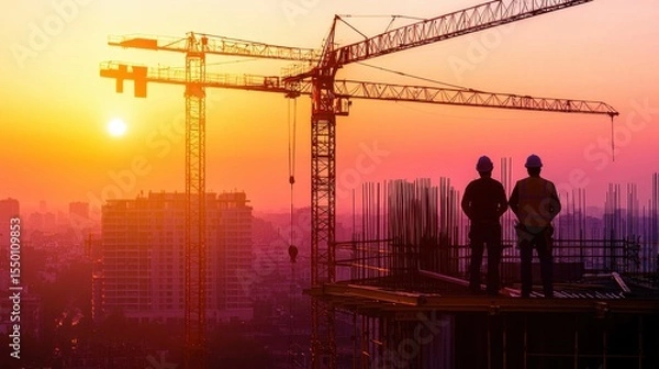 Fototapeta Construction workers observe sunset over city skyline with cranes in background amid ongoing development activity
