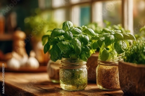 Fototapeta Close-up of aromatic basil plants in vintage mason jars on a rustic wooden table, bathed in natural light, showcasing freshness and culinary herbs indoors.