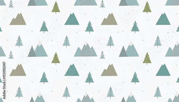 Obraz Seamless pattern of stylized teal and olive green mountains and evergreen trees on a white background with tiny scattered dots