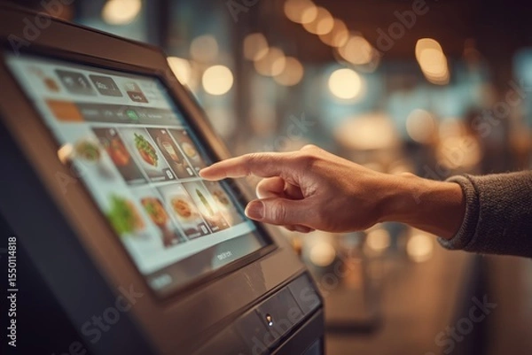 Obraz Close-up of a finger pointing at a touch screen display with food options, showcasing the modern self-service ordering system in a fast food restaurant environment.