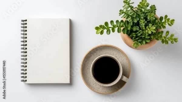 Fototapeta Minimalist desk with notebook, coffee, and plant, clean flat lay, white background