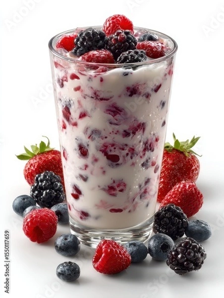 Fototapeta Mixed berries yogurt drink on white background