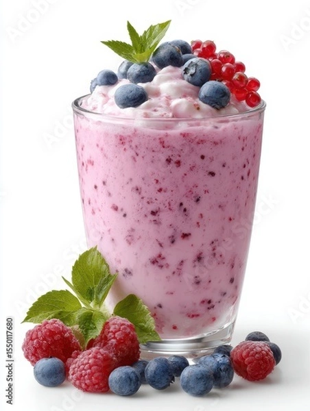 Fototapeta Mixed berries yogurt drink on white background