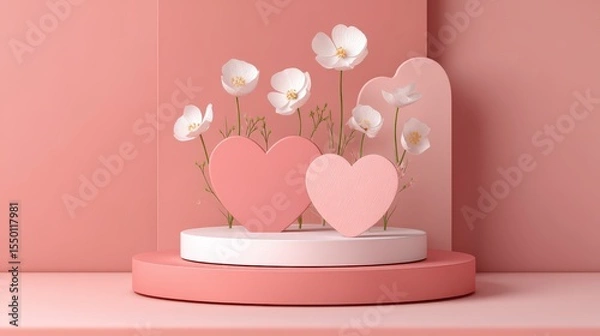 Fototapeta display podium with pink heart and flowers. minimal pink background