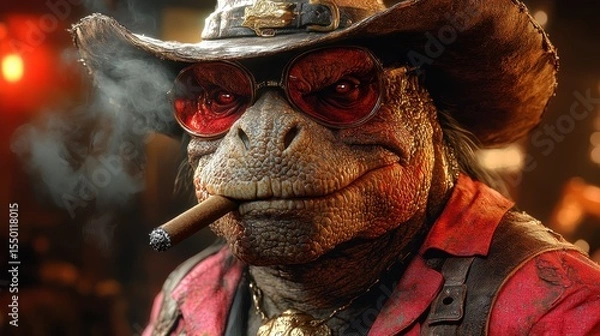 Fototapeta ankylosaurus wore a rebel outlaw hat and smoking a big cigar
