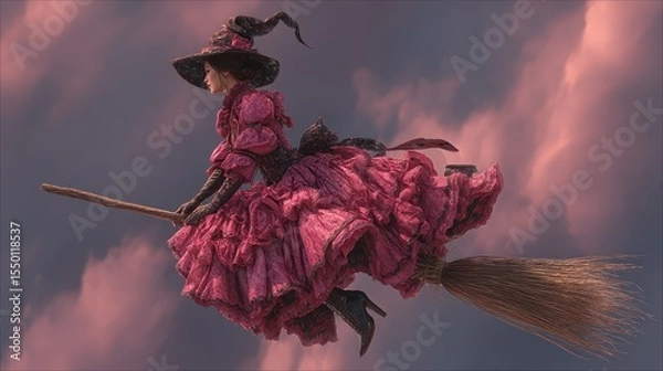 Fototapeta witch who wears a bright pink ballgown with black hob nail boots and black pointy hat, flying on the broom stick