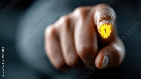 Fototapeta One hand with one finger pointing a cyber security and data protection shield on the internet