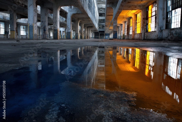 Obraz deserted factory at night illuminated by ultrabright neon accents