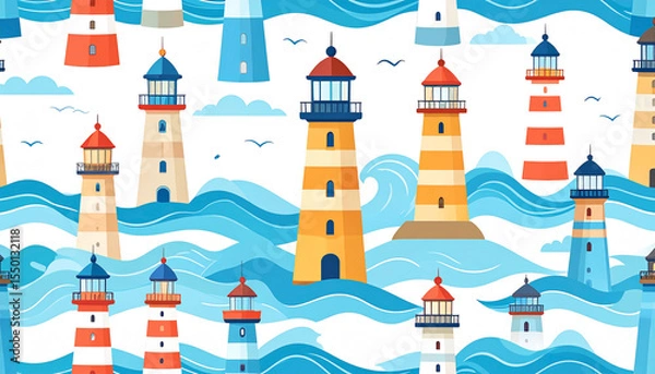 Obraz A repeating pattern of various lighthouses of different colors and styles, standing in stylized blue wavy ocean waters, interspersed with seagulls and small clouds