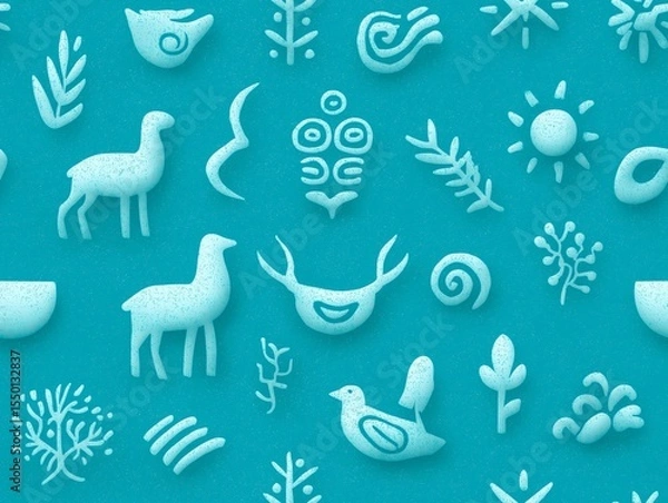 Fototapeta Colorful abstract illustration featuring various nature-inspired symbols and shapes, including birds, plants, and sun motifs, set against a vibrant turquoise background