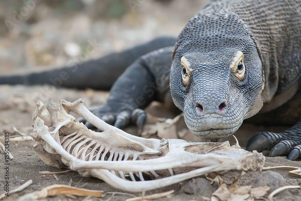 Fototapeta Komodo Dragon in the Wild with Bones Nearby