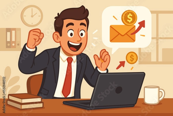 Fototapeta Excited business professional celebrating job promotion offer, new high salary position, successful career achievement, email notification, office workplace, vector cartoon illustration concept