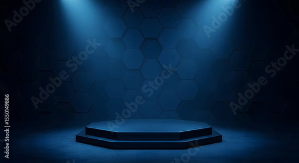 Fototapeta Dark blue octagonal platform with hexagon background