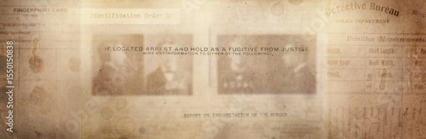 Obraz Newspaper clippings of crime news, police fingerprint are placed on a vintage background. Retro background on the theme of crime, police, detective, investigation.