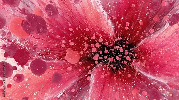 Obraz Vibrant abstract strawberry design blending reds and pinks in dynamic radial motion. Splatter accents, fuzzy seed textures and pastel blush background suggest sweet freshness without showing fruit.