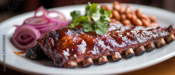 Fototapeta Grilled Ribs with Barbecue Sauce Served on a Plate with Onions and Beans