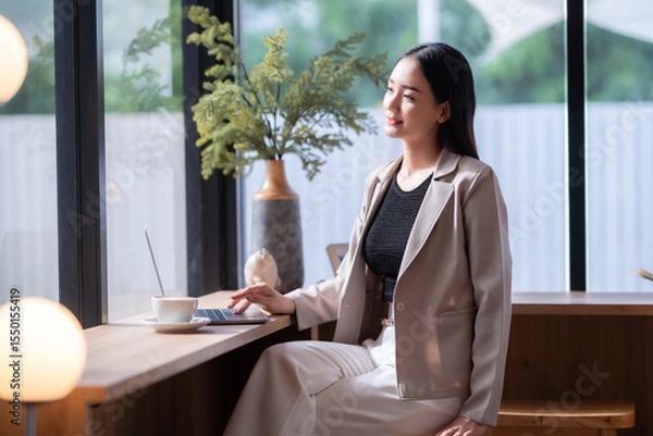 Obraz Asian freelance people business female talking making using casual working with laptop computer and coffee at home in the living room indoors artificial rose bouquet of red and pink roses rose vase