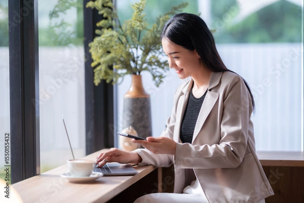 Obraz Asian freelance people business female talking making using casual working with laptop computer and coffee at home in the living room indoors artificial rose bouquet of red and pink roses rose vase