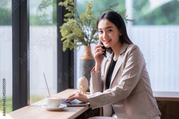 Obraz asian freelance people Beautiful business female talking making using casual working with laptop computer for browsing internet, chatting and blogging and smartphone,notebook in coffee shop.