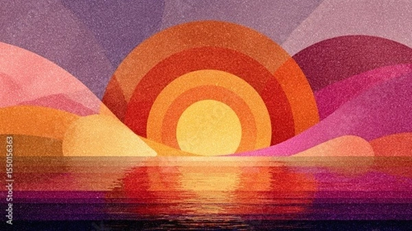 Obraz Stylized geometric sunset scene with layered circles and gradients in orange, peach, mauve, and lavender. Abstract reflections and soft grain add vintage screenprint feel. Warm, flat design 