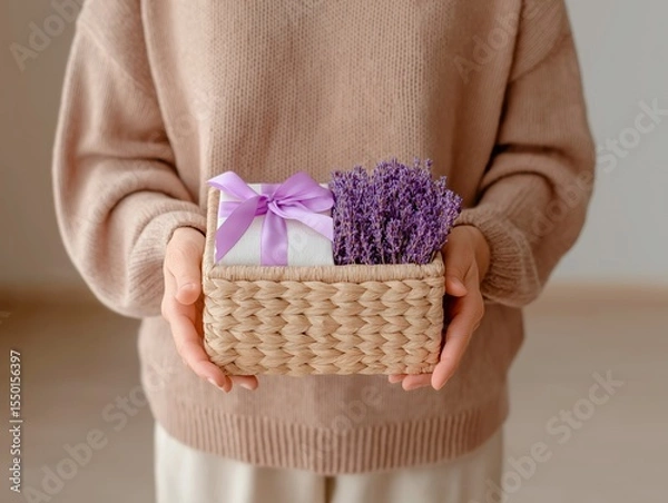 Fototapeta Woman holding a woven basket filled with a gift wrapped in white paper and adorned with a purple ribbon alongside fresh lavender flowers, creating a charming presentation