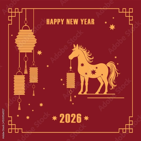 Fototapeta Chinese New Year 2026 Horse Zodiac Sign with Lanterns and Traditional Red Design. Symbol of the year. New Year card for social networks.