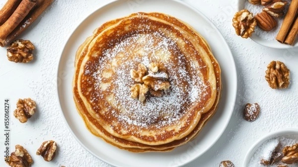Fototapeta Flat lay cinnamon pancakes with icing sugar and walnuts on white background