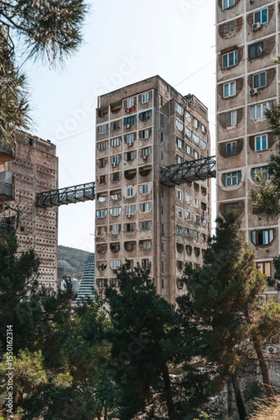 Fototapeta Soviet Brutalist Bridge Buildings in Tbilisi Nutsubidze Plateau 
