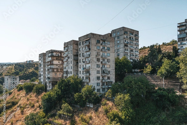 Fototapeta Soviet Brutalist Apartment Blocks in Tbilisi
