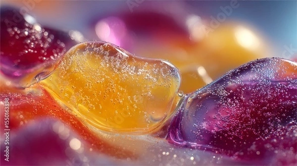 Obraz Surreal abstract design with glossy fruit-colored splashes, semi-liquid swirls, shimmering sugar crystals. Juicy gradients in mango, raspberry tones. High contrast with soft edges and gentle sparkle