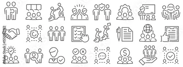 Fototapeta Partnership icon set. Business, agreement, cooperation, conversation, teamwork, documentation and more. Outline icon collection. Editable stroke. Vector illustration