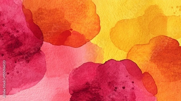 Obraz Warm watercolor abstract featuring soft flowing shapes in mango yellow, raspberry red, and citrus orange. Light pigment bleed on watercolor paper texture. Airy, summery, and vibrant visual 