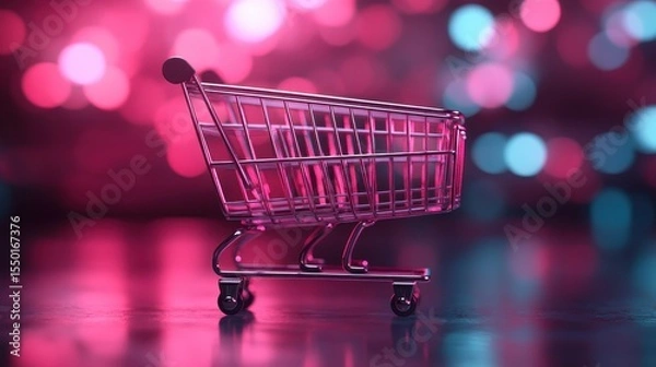 Fototapeta This vibrant image features a shiny shopping cart placed amidst a colorful bokeh background, evoking feelings of excitement and consumerism in a playful manner.