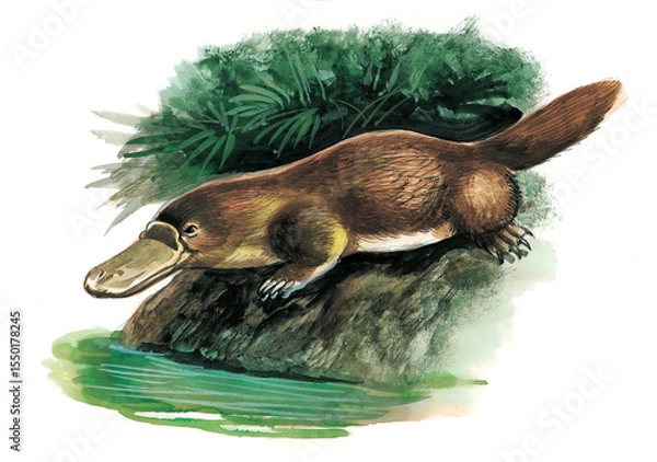 Obraz Platypus diving into river by green vegetation