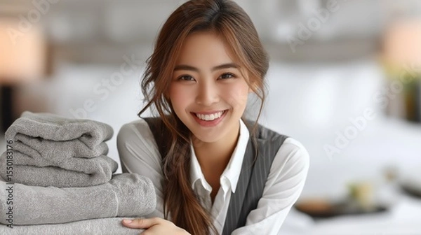 Fototapeta Smiling hotel maid holding clean folded towels in elegant modern guest room representing hospitality and customer service, Generative AI